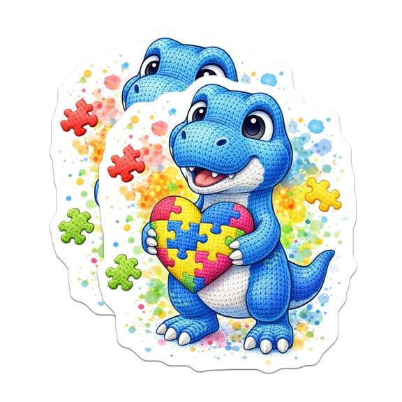 (2 Pack) Autism Awareness Dinosaur Stickers - Puzzle Heart Neurodiversity Acceptance - Cute Child Support Decals - 5" On Longest Side - Sticks to Smooth Flat Surfaces - Made in USA - BMCS20261