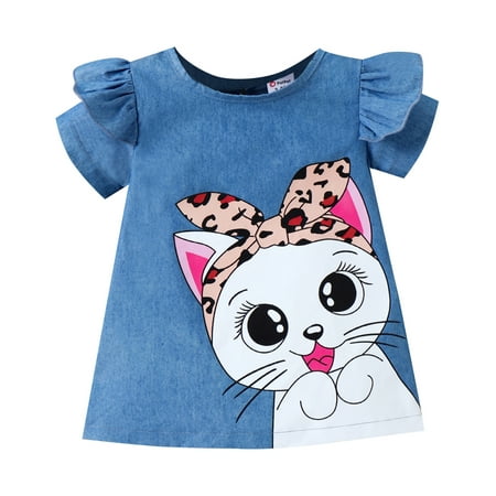 

PatPat Baby Girl Cute Cat Print Ruffled Short-sleeve Dress