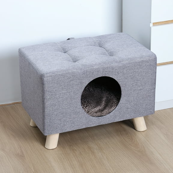 StarBay Pet Bed Cat Cave Cat Nest Wood Pet House Cat Cave with Mat Cube House for Cats and Small Dogs, Cotton Linen Cover, Solid Wood Legs