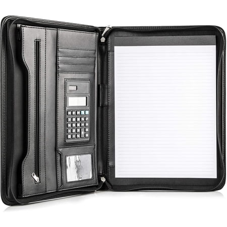 Superior Vegan Leather Business Portfolio with Zipper – Padfolio All-in-One. Smartest Protective 10.1 Inch Tablet Sleeve, Presentation Slot, Solar Calculator, Card Storage, Writing Pad