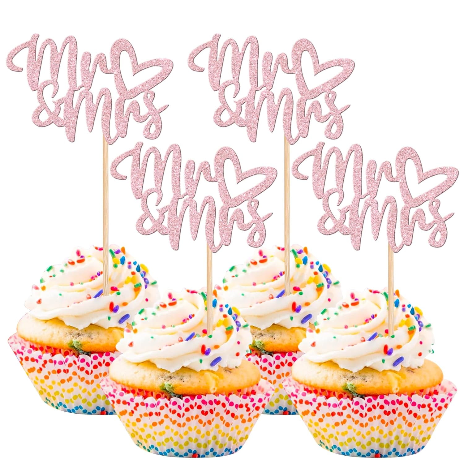 12 Pack Light Pink Glitter Mr & Mrs Cupcake Toppers Wedding Cupcake Picks with Heart for Bridal Shower Engagement Party Cake Decorations Supplies