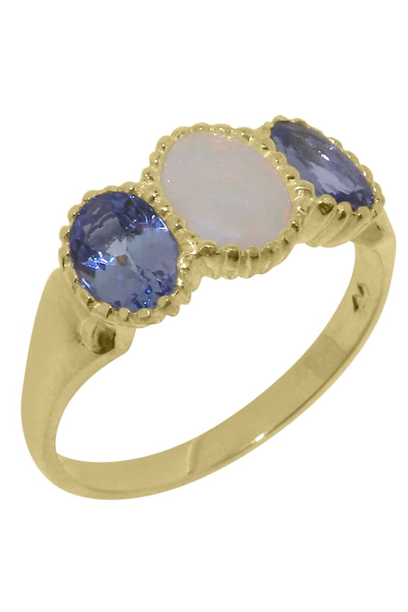 LBG British Made 18k Yellow Gold Real Genuine Opal & Tanzanite Womens Promise Ring - 33 size options - Size 8.25