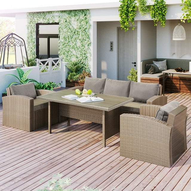 Canddidliike 4 Piece Wicker Patio Conversation Set, All-Weather Patio Furniture Set, Rattan Sofa Chair with Soft Cushions and Coffee Table - Gray