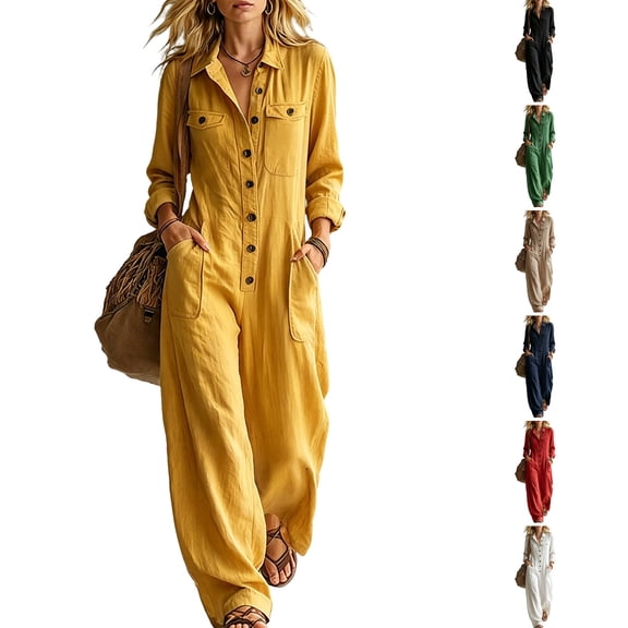 WULMLEO Womens Wide Leg Jumpsuits Cotton Linen Workout Button Front Long Sleeve V Neck One Piece Overalls Casual Y2k Comfy 2026 Jumpsuit with Multi Pockets Yellow 2XL