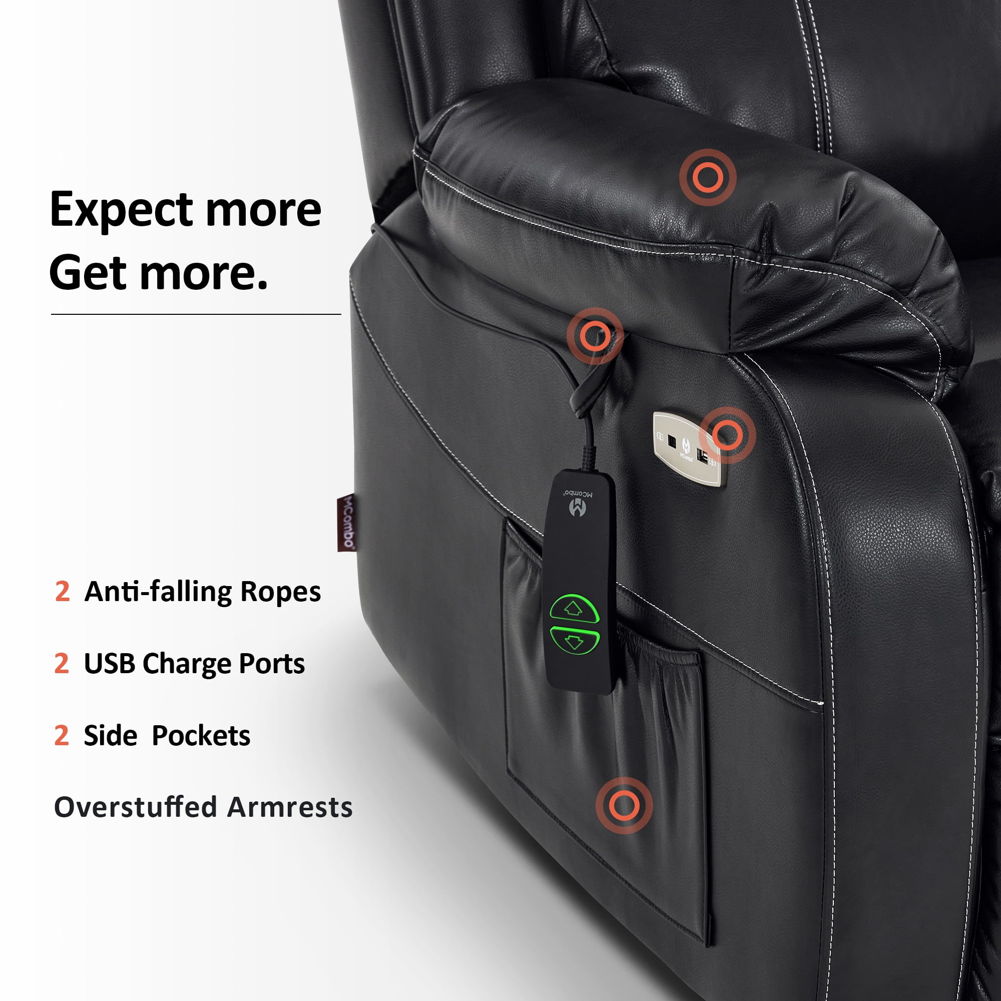 MCombo Small-Regular Power Lift Recliner Chair with Massage and Heat for Petite Elderly People, 3 Positions, 2 Side Pockets, USB Ports, Faux Leather (Black, Small-Regular)