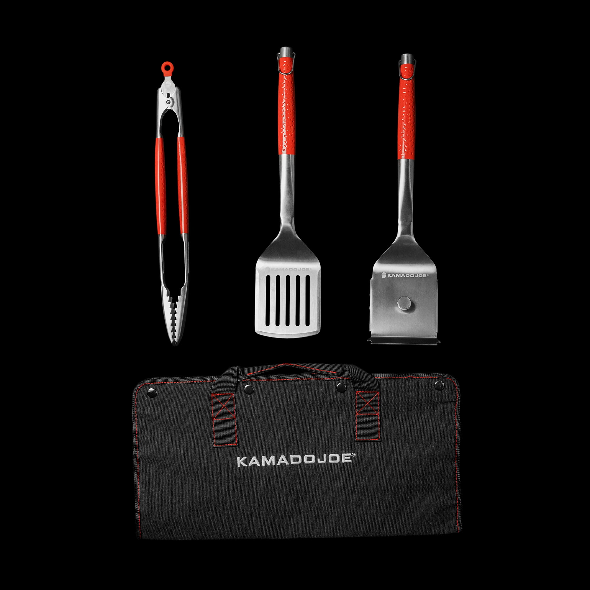 Kamado Joe Krafted™ Steel 3-Piece Grilling Tools with Case | Kamado Grill Accessories: Cleaning Brush, Tongs, Spatula