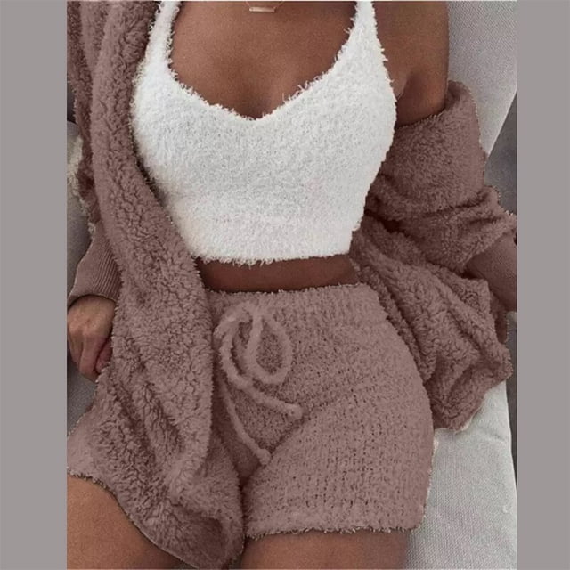 Trajes esponjosos sexys de tres piezas, cárdigan con capucha de terciopelo de felpa, abrigo, pantalones cortos y Top corto, conjuntos de chándal para mujer, sudaderas deportivas informales Tan Jianjun unisex
