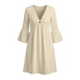 thumbnail image 5 of Vivianyo HD Women's V-Neck Single Button Midi Dress, 3/4 Bell Sleeve Solid Loose Casual Dresses with Side Pocket for Women, Women's Beige, Sizes S-2XL, 5 of 7