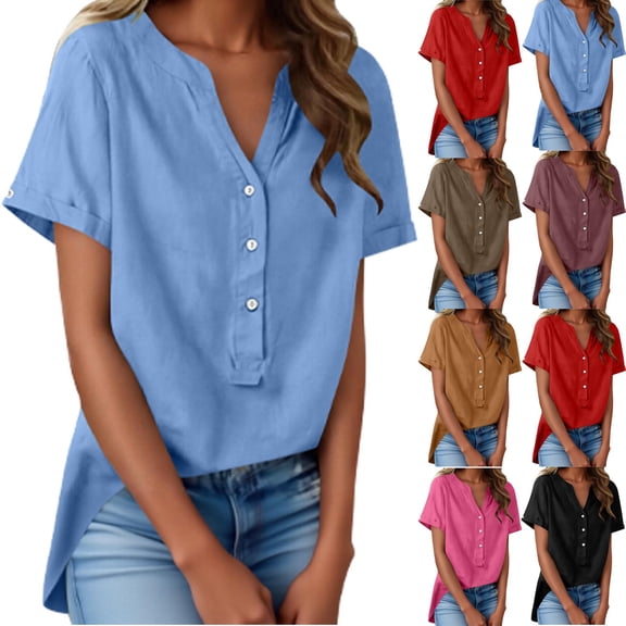 Aboser Womens Henley Tunic Tops Dressy Casual V Neck Shirts Button Up Short Sleeve Blouses Loose Cotton Linen Tunics Work Office Shirt Blouse Coffee M