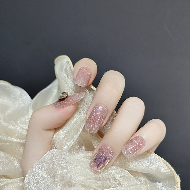 Fake Nail Patch Long Round Head Nails Glitter Nail Art Finished Nail Piece 24pcs Glue Type Gifts New Walmart Com