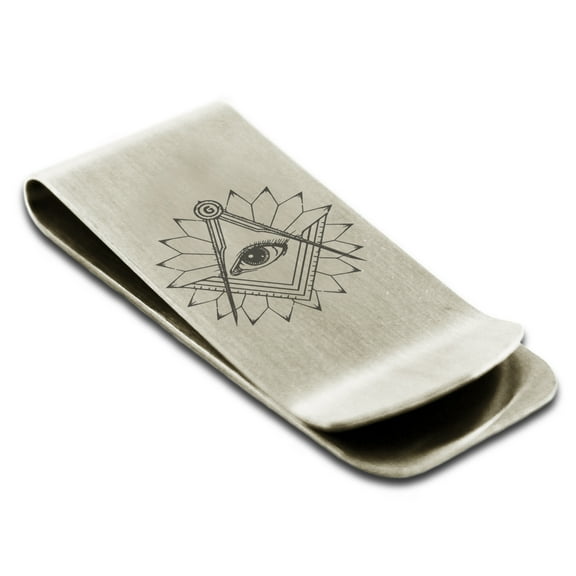 Stainless Steel Freemasons Masonic Lotus All Seeing Eye Engraved Money Clip Credit Card Holder