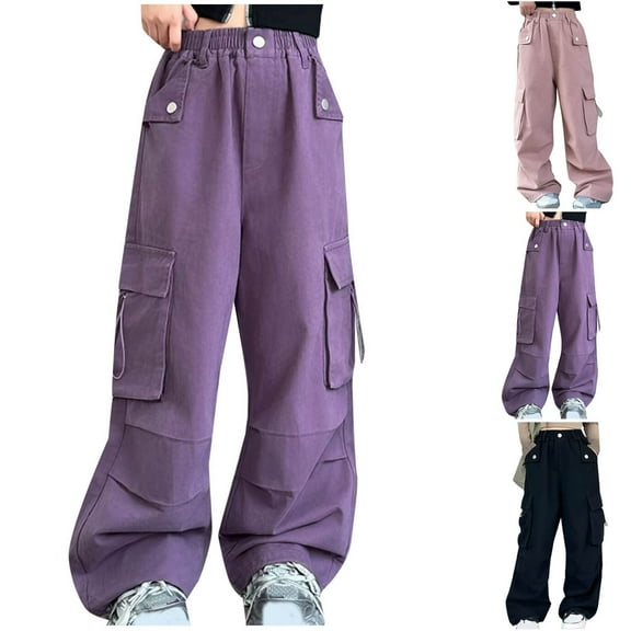 Swuxness Girls Cargo Pants, Fall Pants for Girls, Kids Comfortable Elastic Waist Cargo Pants with Pockets for Children Black, 10-11 Years