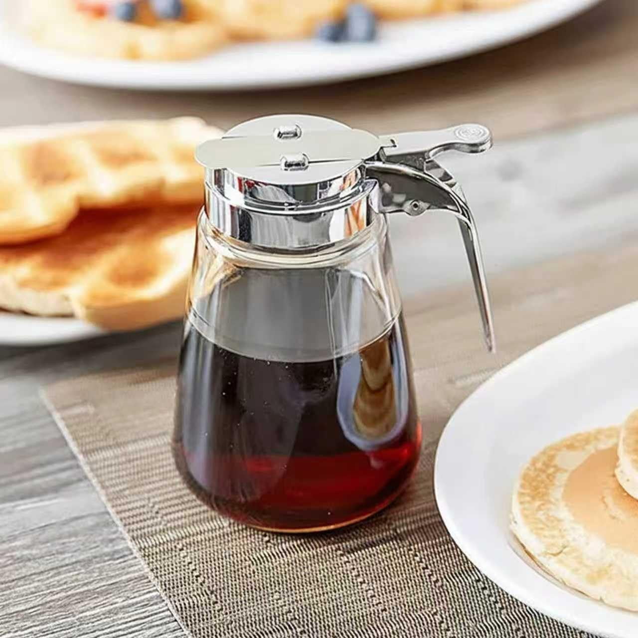 Elegant Glass Syrup Dispenser Jar with No-Drip Pump, for Honey and Maple, 10oz