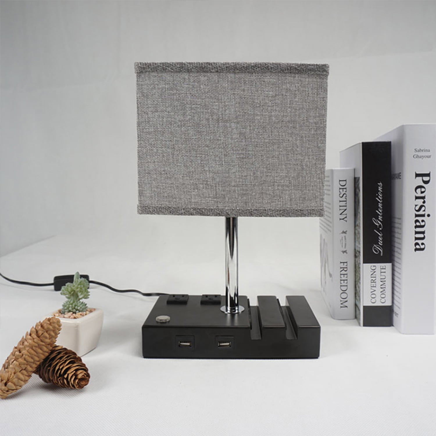 Kepooman Dimmable Table Lamp with 2 Phone Stands & Grey Fabric Shade for Bedroom Living Room Kepooman Dimmable Table Lamp with 2 Phone Stands & Grey Fabric Shade for Bedroom Living Room