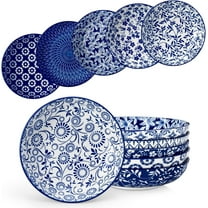 MY Selene 8.5" Pasta Bowls Set of 6, 40 oz Porcelain Shallow Salad Bowls, Serving Bowls Large Kitchen Bowl Plates Pasta Plates, Blue & White Floral Design, Microwave Safe