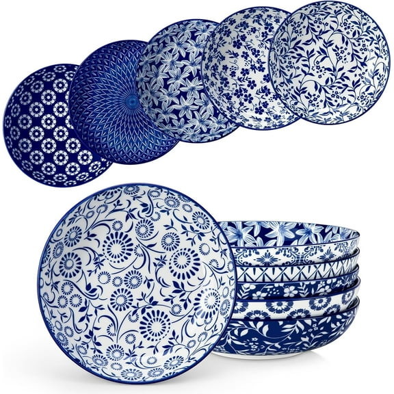 MY Selene 8.5" Pasta Bowls Set of 6, 40 oz Porcelain Shallow Salad Bowls, Serving Bowls Large Kitchen Bowl Plates Pasta Plates, Blue & White Floral Design, Microwave Safe