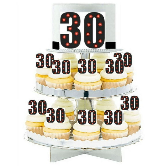 Celerbate 30 Red and Black Edible Photo Toppers & Edible Cupcake Decoration Kit