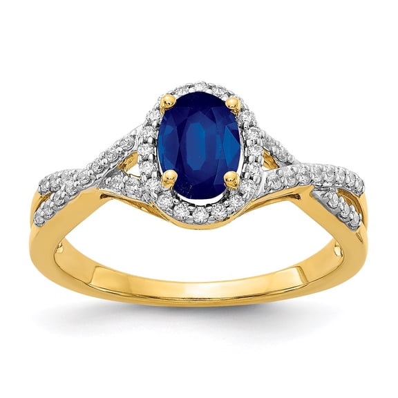 14K Yellow Gold Ring Band Gemstone Sapphire Oval Blue Diamond Round