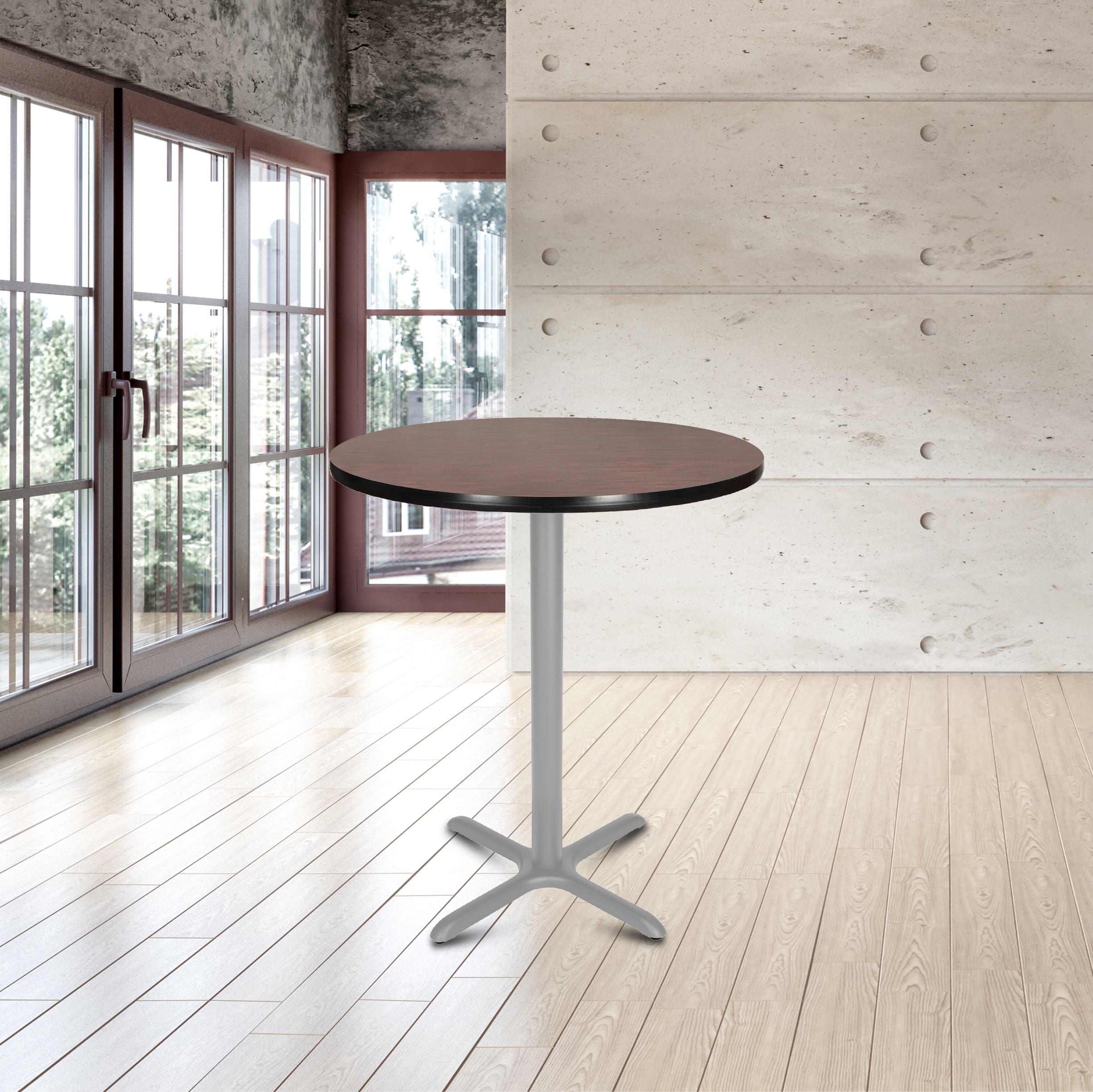 Hampden Furnishings Bennet Collection Steel Frame 36" Round Top, X Base, 42" Height, Cafe Table Grey Frame/Mahogany Top
