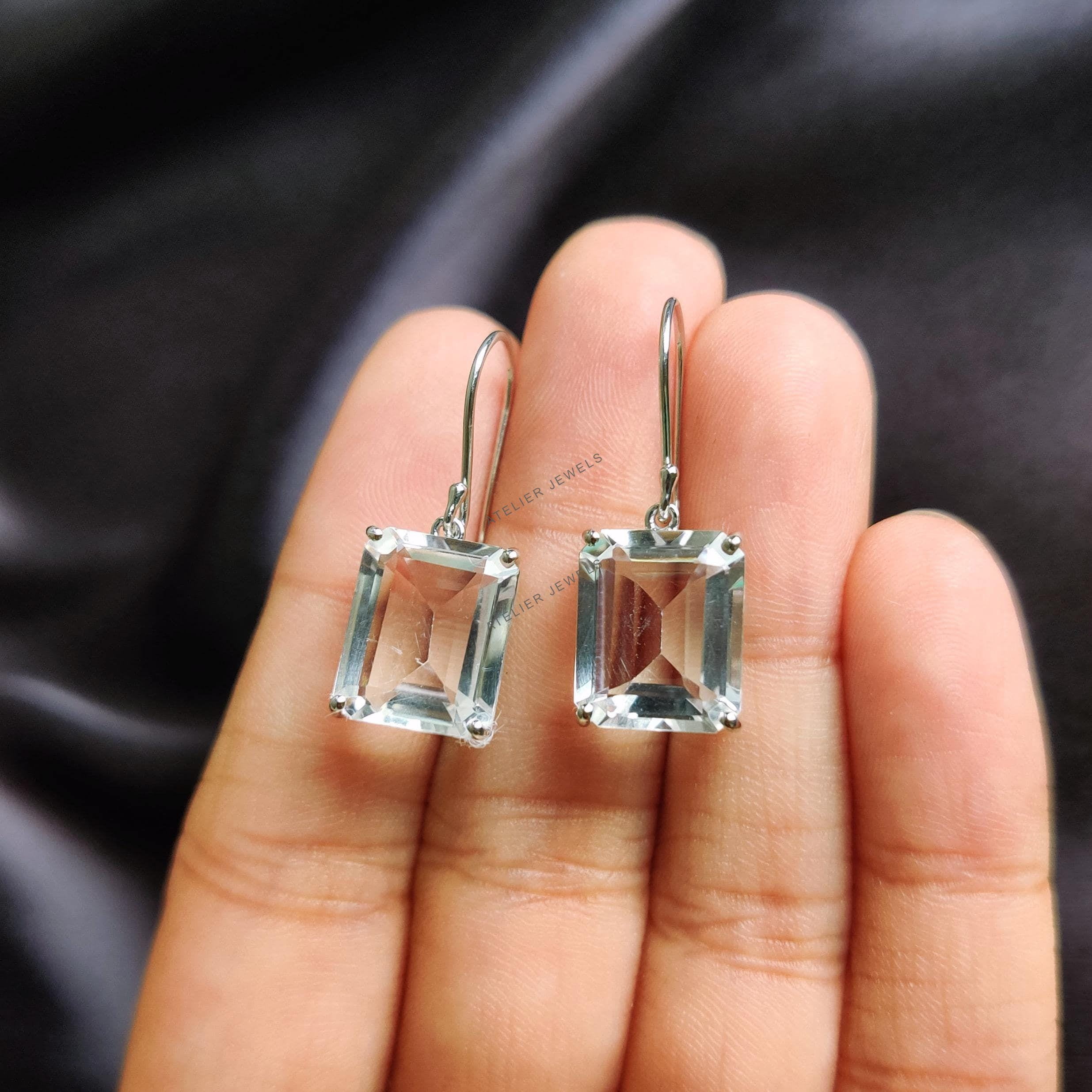 Natural Clear Quartz Earrings, 14K Solid White Gold Quartz Earrings, April Birthstone, Prong Earrings, Christmas Gift, Clear Quartz Jewelry