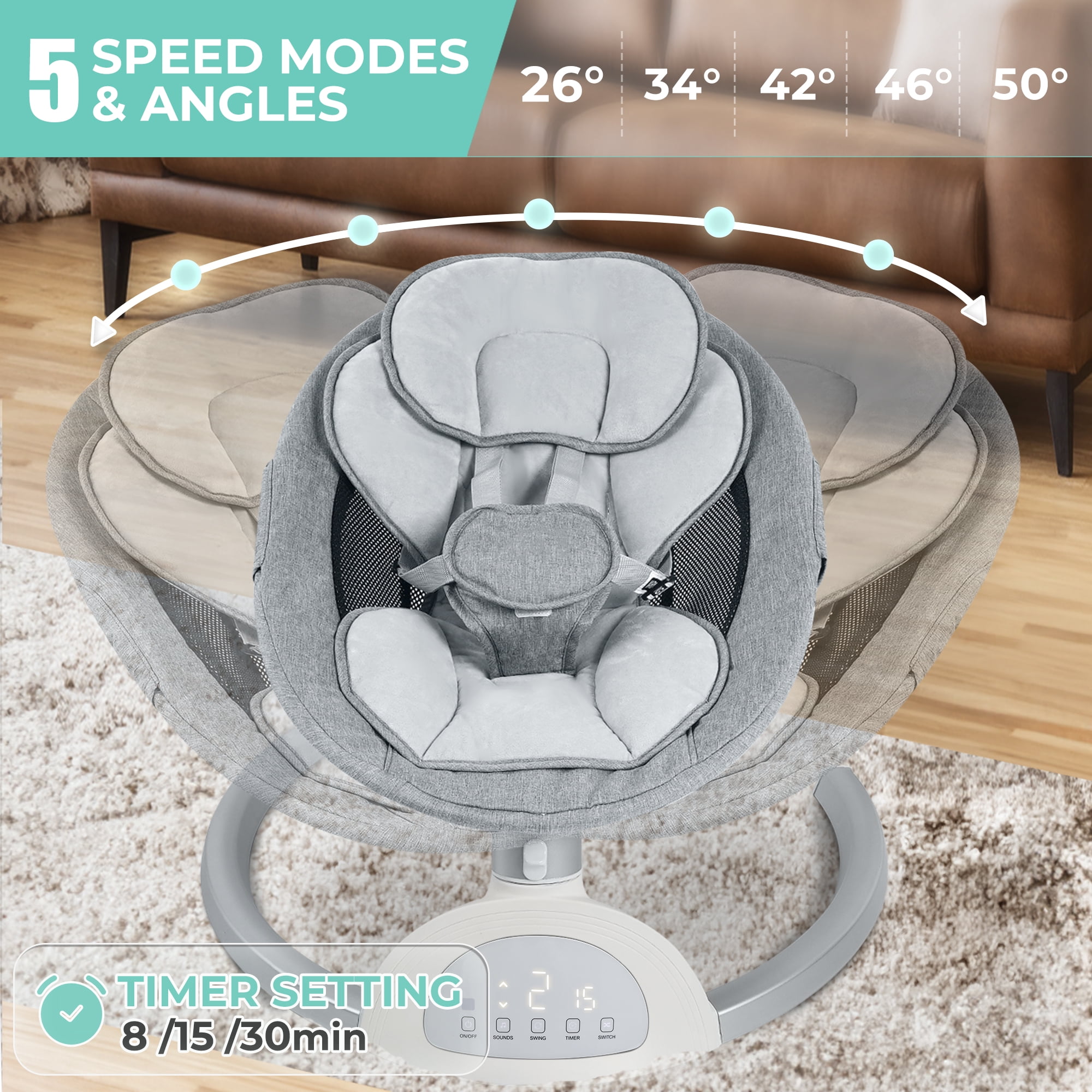 Baby Swing for Infant, HDJ Portable Electric Baby Swing with Music Playing, Touch Screen, Remote Bluetooth Control, Grey