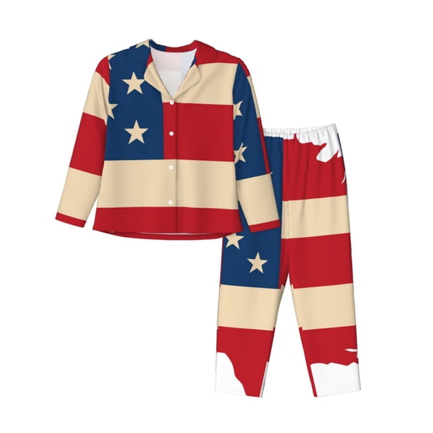Balery American Flag Map Conjunto de Pijama con Estampado para Mujer, Conjunto de Dos Piezas con Manga Larga, Ropa de Dormir Suave con Bolsillos, Pijamas Cómodos-XX-Large