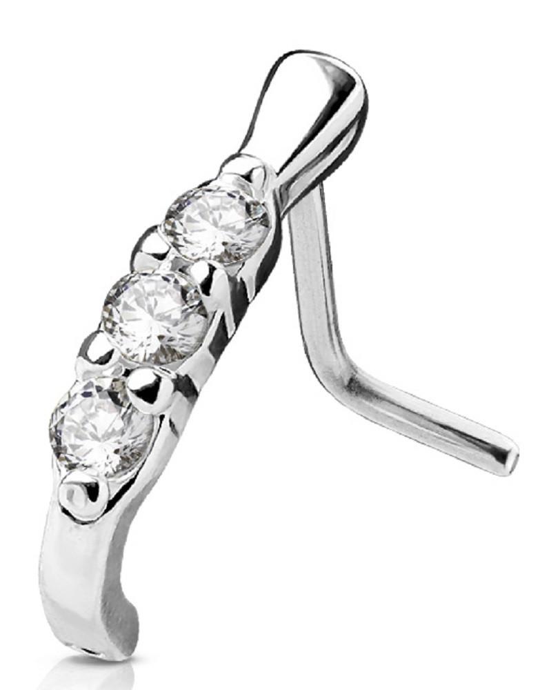 Nose Ring 20g 6mm Stainless Steel Nose Stud Crawler 3 CZ Lined ''L'' Bend
