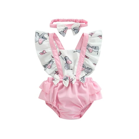 

Infant Baby Girl Romper Cartoon Elephant Print Flying Sleeves Square Neck Style Ruffled Pleated Jumpsuit + Hairband