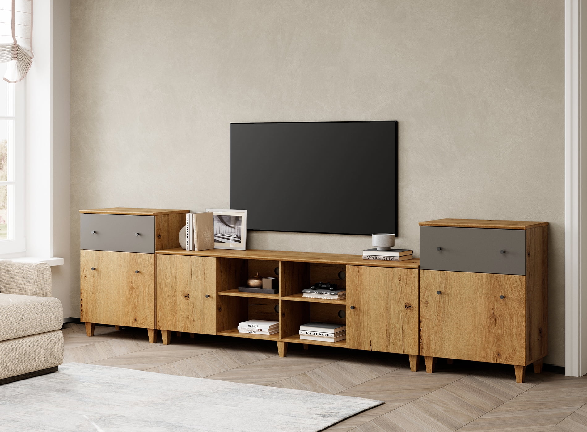 WAMPAT 3-in-1 TV Stand with Cabinets and Drawers, Modern Wood Entertainment Center Media Console for 75+ inch TVs, Oak Brown