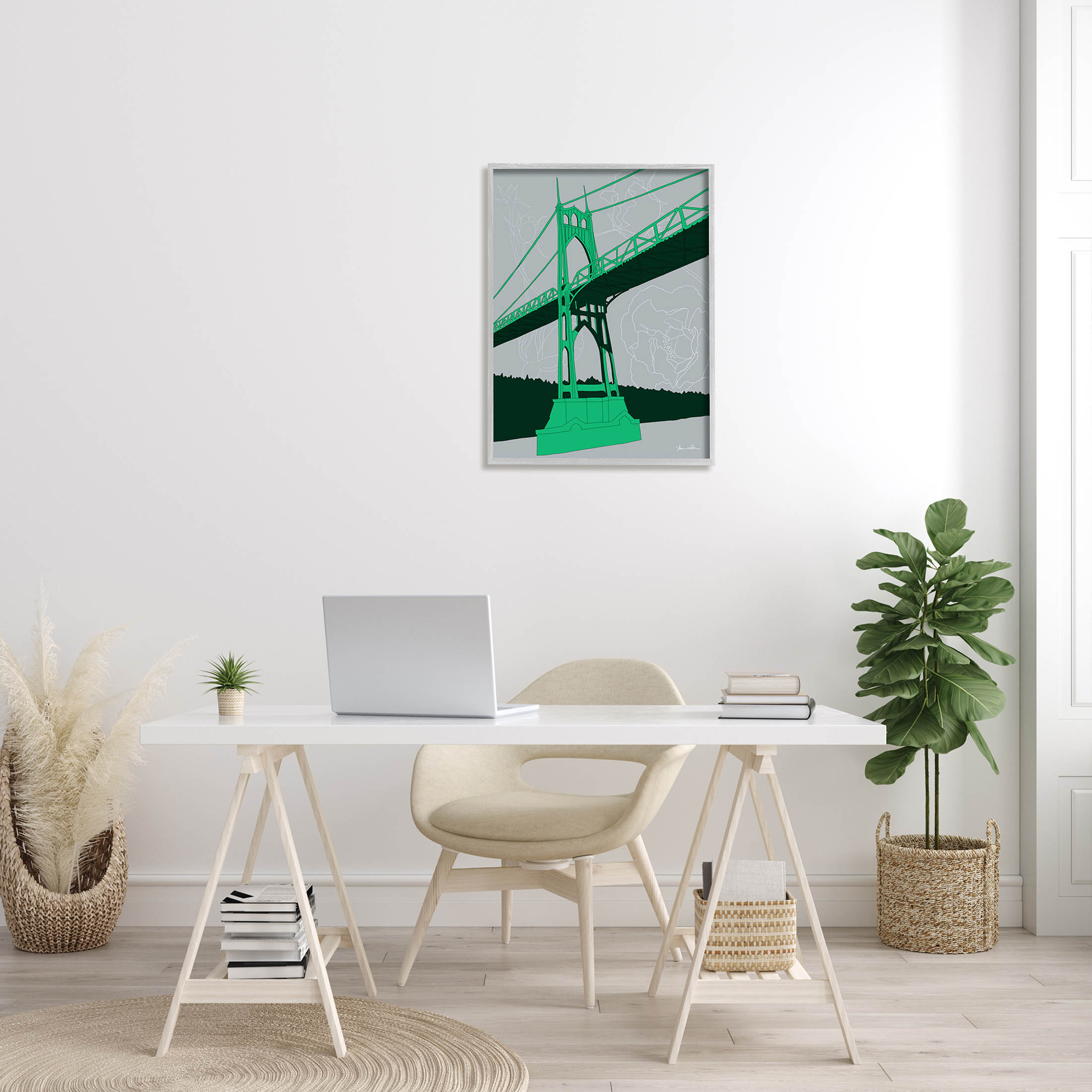 Stupell Industries Modern Floral Bridge Architecture Graphic Art Gray Framed Art Print Wall Art, Design by Shane Donahue