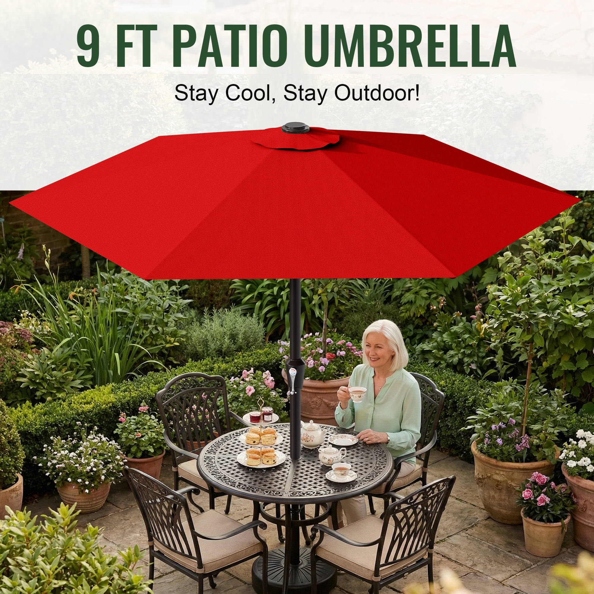 Easthome 9ft Patio Umbrella with Crank Lift System & 6 Sturdy Ribs Waterproof, Patio Table Umbrella Perfect for Poolside, Terrace, Beach and Outdoor Restaurant, Red