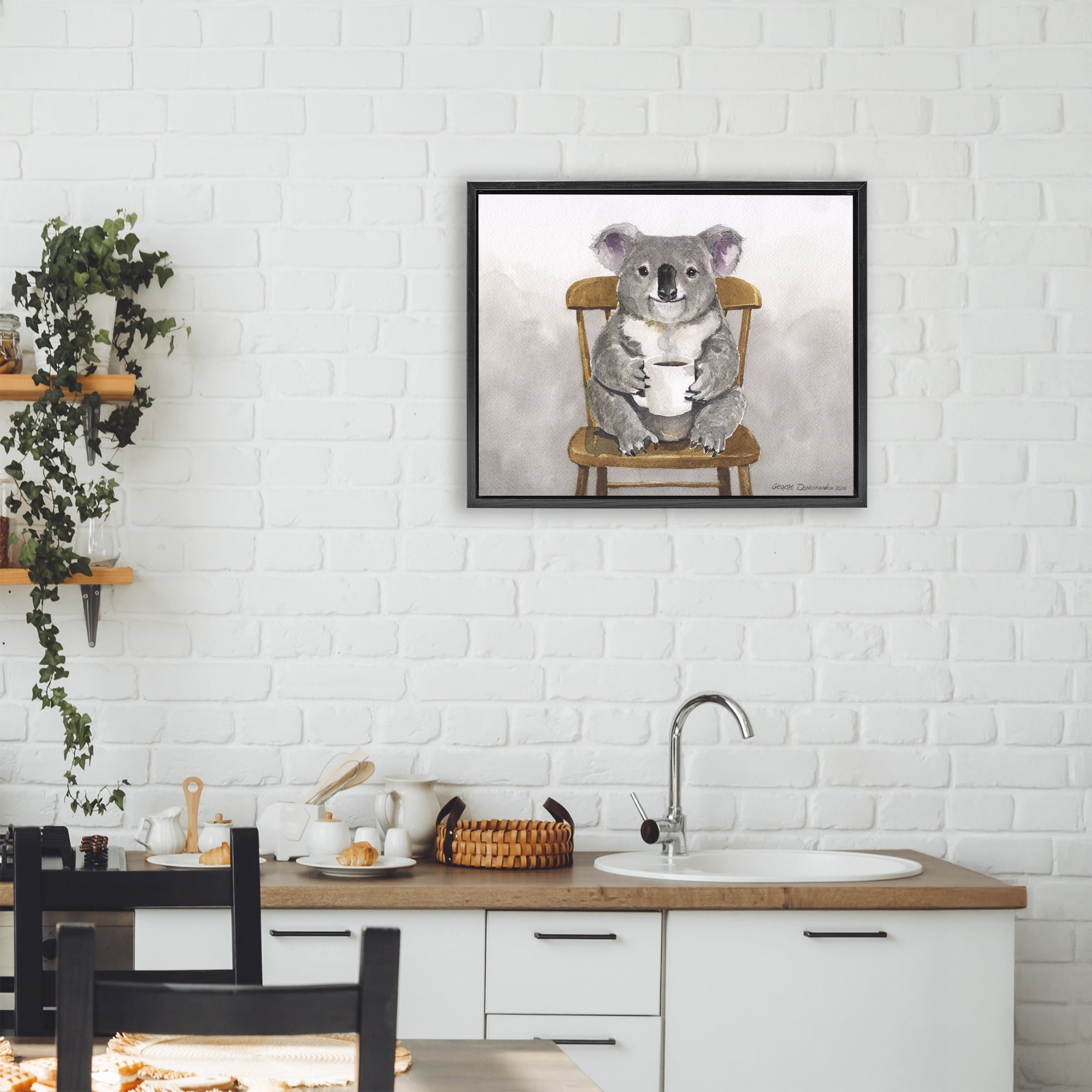 Stupell Industries Koala with Coffee Mug Black Framed Floater Canvas Wall Art, design by George Dyachenko