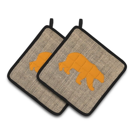 Carolines Treasures BB1005-BL-OR-PTHD Bear Faux Burlap and Orange Pair of Pot Holders , 7.5HX7.5W, multicolor