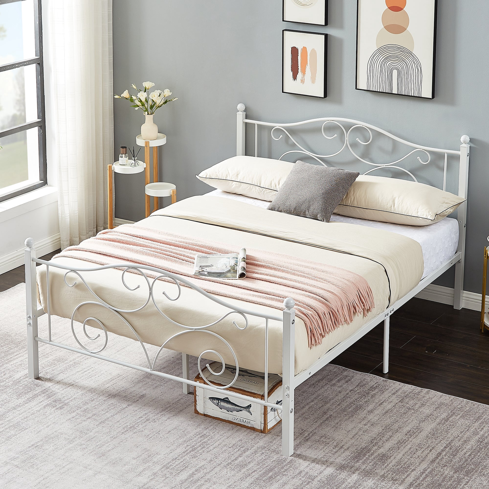 VECELO Queen Metal Bed Frame with Headboard & Footboard, Box Spring Replacement, Heavy Duty & Quick Assembly, White