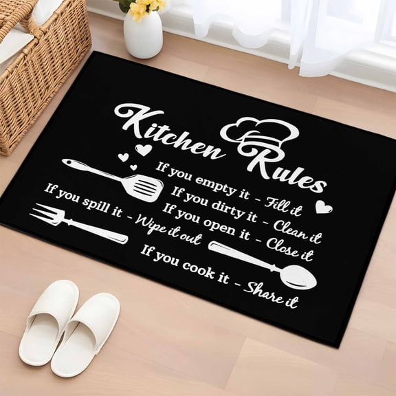 2x3 Ft Entryway Area Rug, Black Kitchen Rules Kitchen Rug Runner Washable Floor Mat, White Words Love Heart Non Slip Indoor Door Mat Throw Carpet for Bathroom Living Room Bedroom