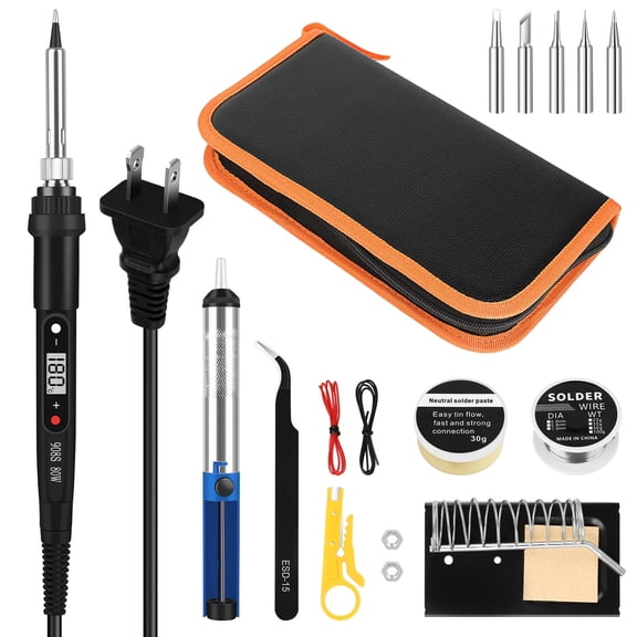 Soldering Iron Kit for Electronics, 17 in 1 Welding Tools Kit with Switch 80W LCD Adjustable Temperature Solder Iron, 5 Soldering Tips, Desoldering Pump, Stand, Tweezers