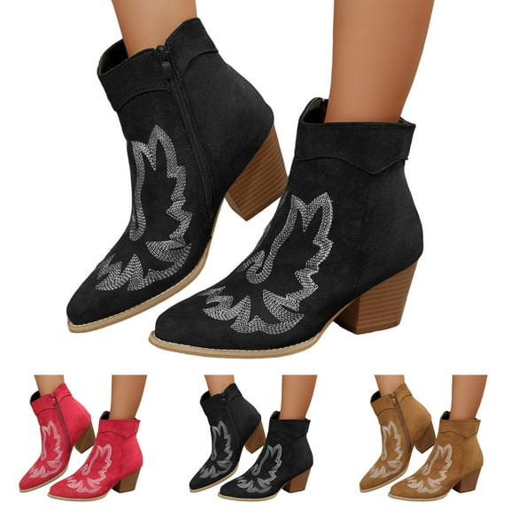 Dakaela Womens Cowboy Western Ankle Boots Pointed toe Low Stacked Heel Cowgirl Booties with Side Zipper