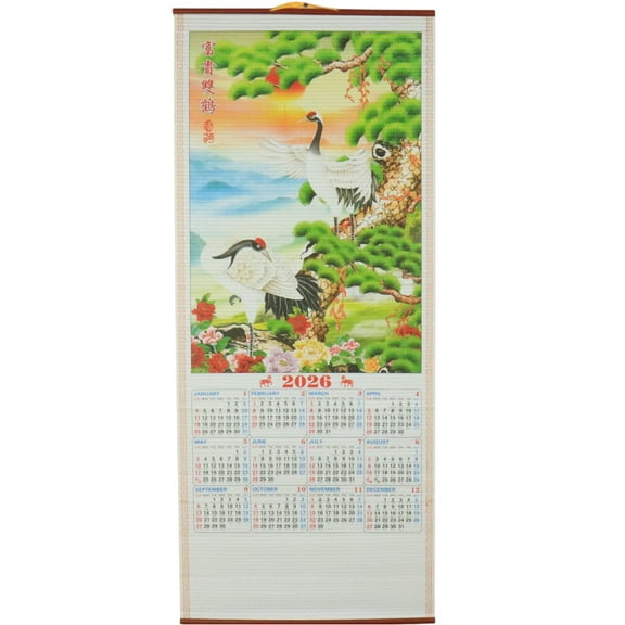 Feng Shui Import Chinese Wall Scroll Calendar 2026, Decorative Crane Bird Design, 30 x 12.5 inches
