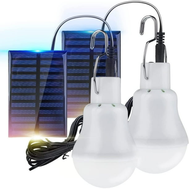Pack de 2 bombillas solares, lámpara solar TechKen, luz LED, bombilla portátil, lámpara solar, 3 W, cable de carga de 3 m, iluminación de panel solar para camping, senderismo, pesca, casa de jardín,