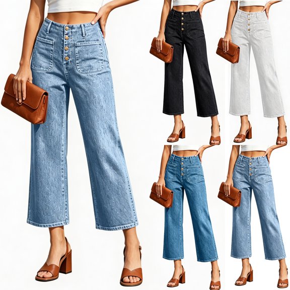 Generic Capri Jeans for Women High Waist Straigh Denim Pants with Pockets Casual Business Work Jeans