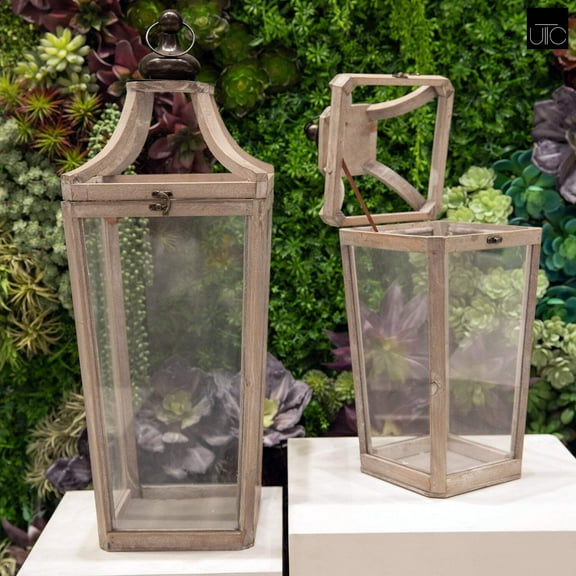 Wood Lantern Natural Finish Brown 29.25"H