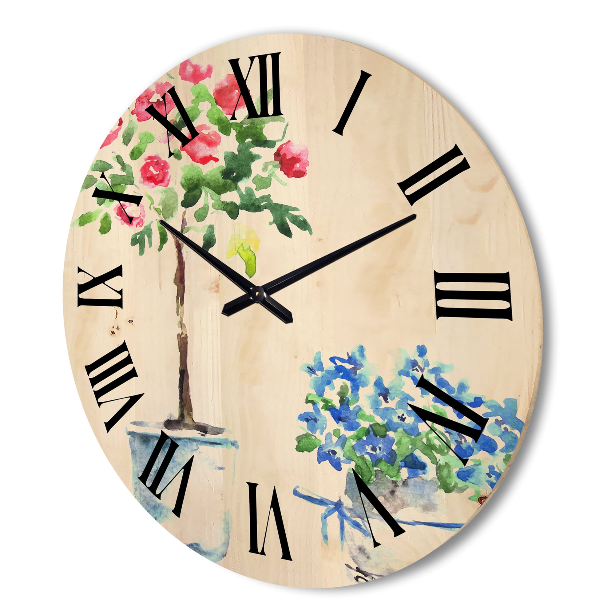Designart 'Red and Blue Houseplants' Traditional Wood Wall Clock