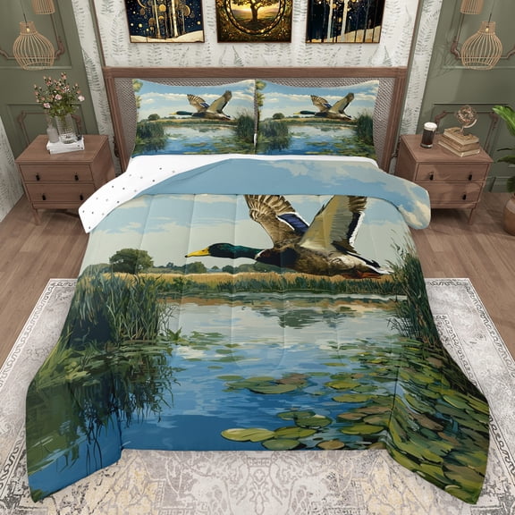 Manfei Mallard Duck Bedding Comforter Set,Rustic Lake Twin Comforter Sets,Green Lotus Leaves Bedding Set For Men Women,Microfiber Bedroom Decor Reversible,2-Piece
