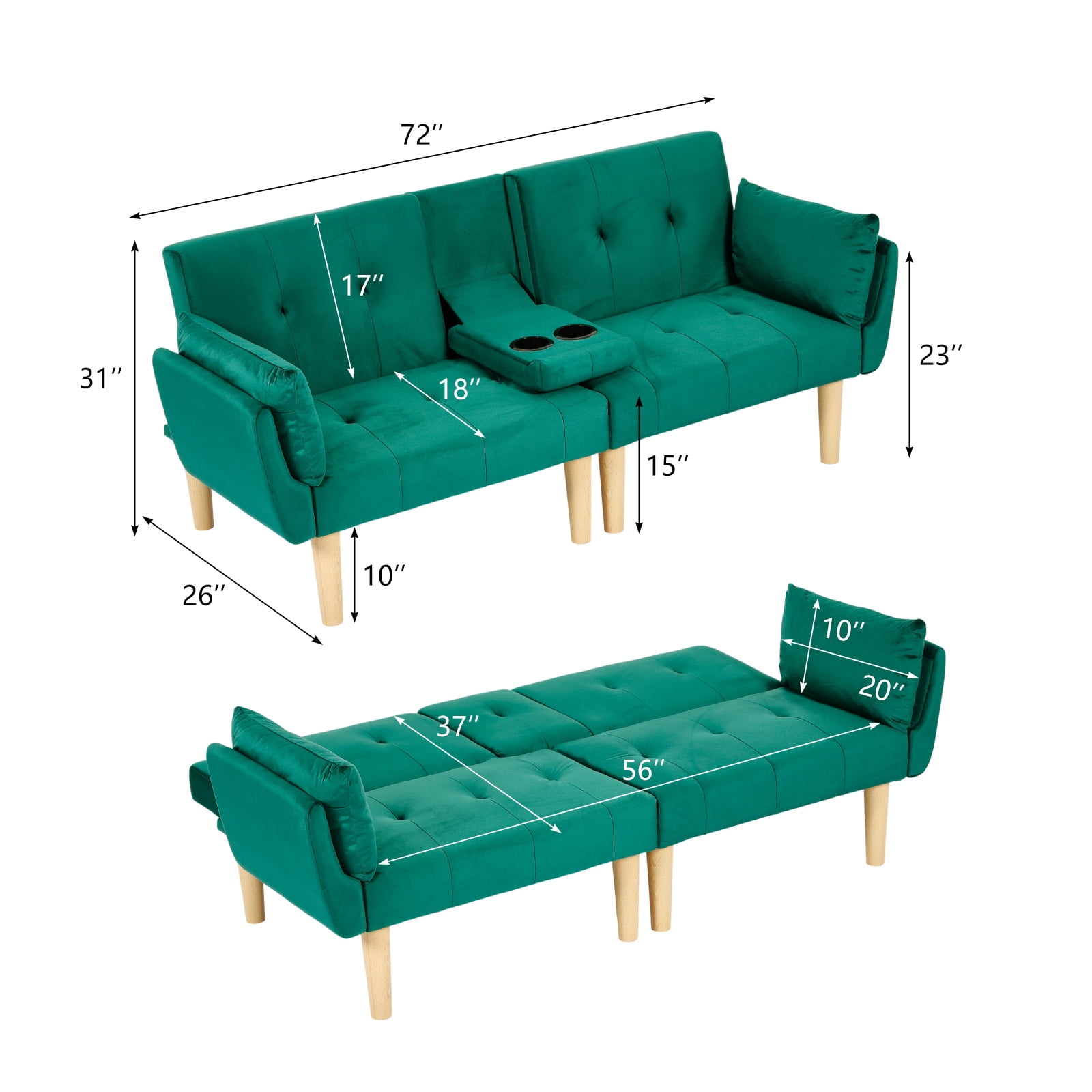 Leumius 72 Inch Futon Sofa Bed,Velvet Futon Couch with Adjustable Backrest and Cupholders,Suitable for Apartment,Living Room,Small Space,Green
