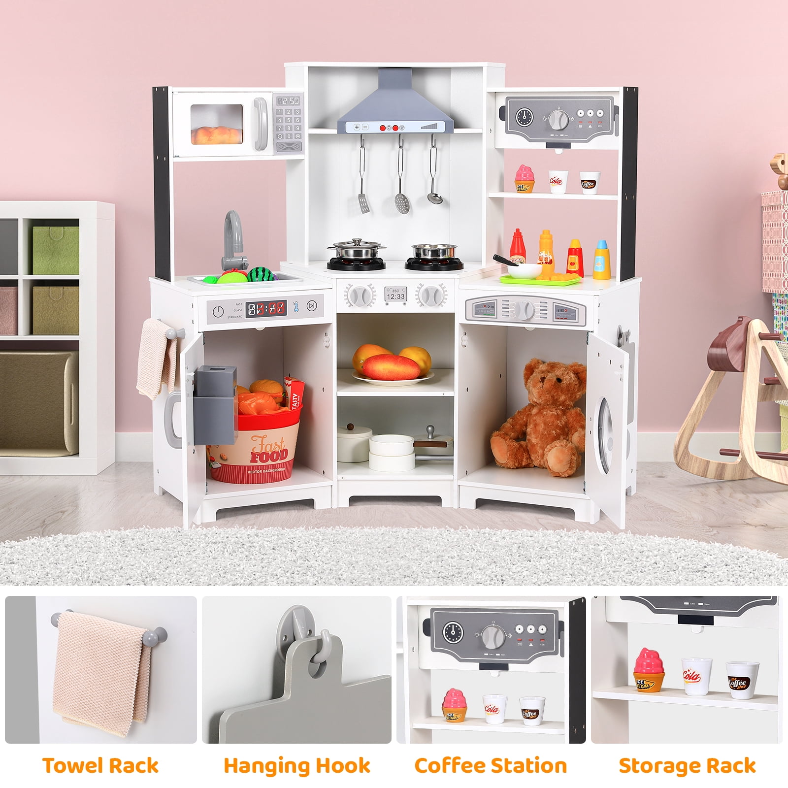 LAZY BUDDY Wooden Corner Play Kitchen for Kids with Light & Sound, Toddler Kitchen Playset Interactive Cooking Toy with Ice Maker, Towel Rack