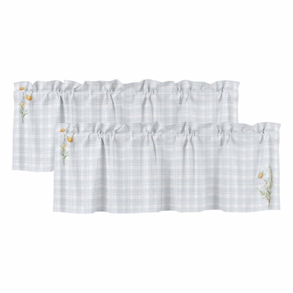 Spring Daisy Floral Valances for Windows, Decorative Rod Pocket Window Valance Curtains, Yellow Plaid Summer Botanical Short Curtain Drapes for Kitchen/Bathroom/Living Room, 2 Panels, 42" W x 12" L