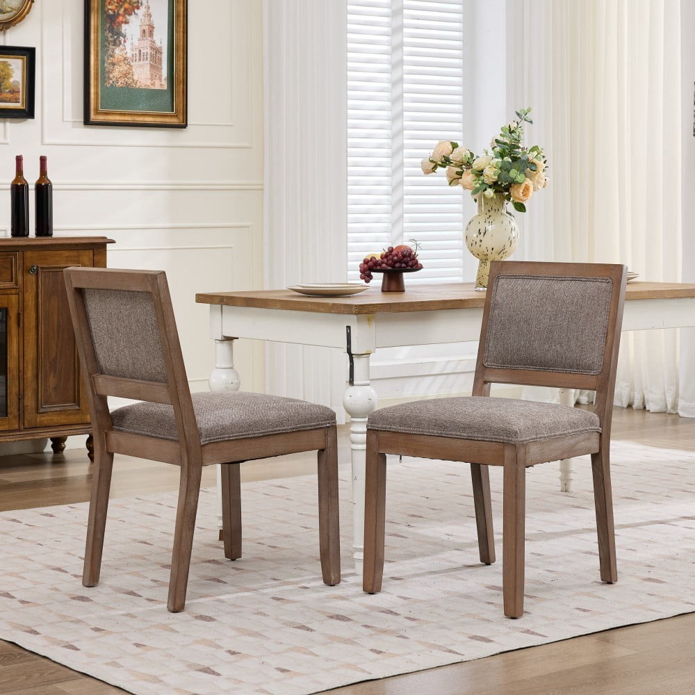 Dining Chairs Set of 2, Farmhouse Upholstered Wooden Chairs, Mid Century Modern Side Chairs with Cushioned Seat & Backrest, Coffee