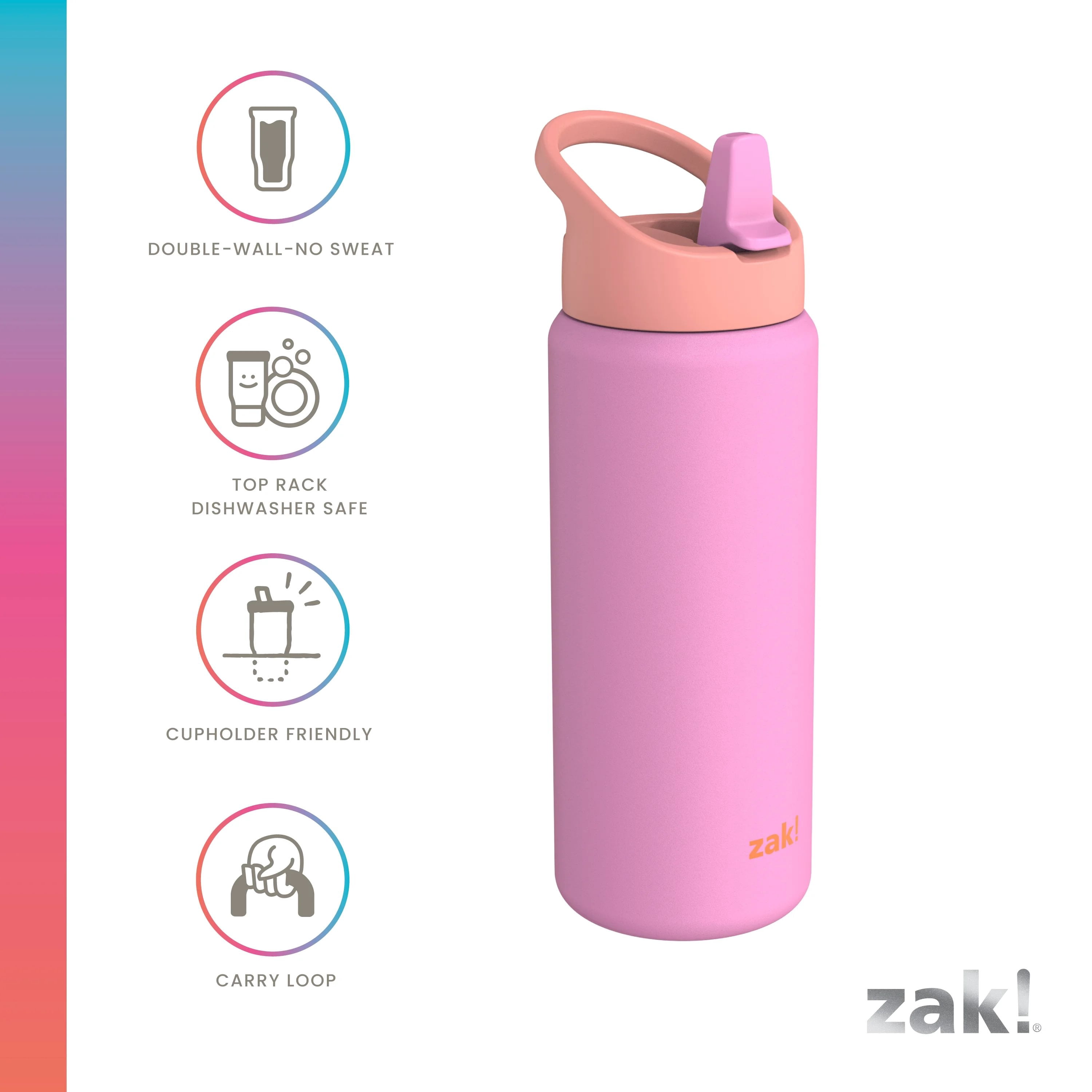 Zak Designs 20oz Lolipop Pink Siply Stainless Steel Clutch