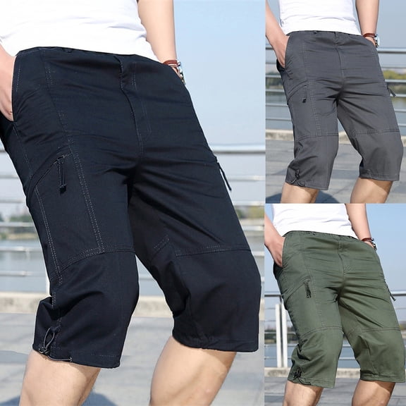Men's Long Cargo Shorts Cotton Ripstop Workwear Below Knee Capris with Muti Pockets Drawstring Elastic Waistband Capri Pants Big and Tall Size 2XL-6XL Gray