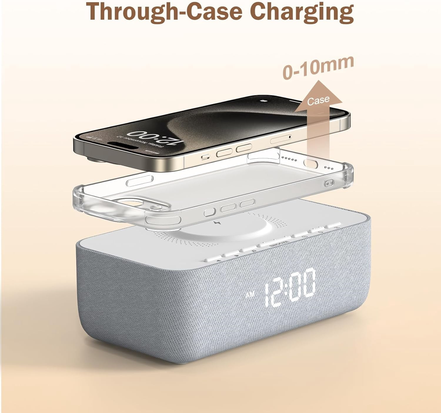 15W Fast Wireless Charging Alarm Clock with White Noise  for Bedroom & Office
